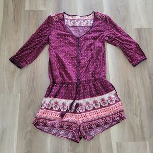 Boho Plum Romper with Pink Border Print Size S/M